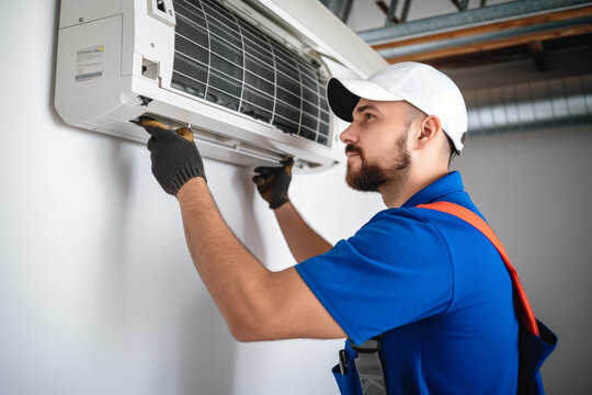 HVAC technician installing a mini split air conditioner in Provo