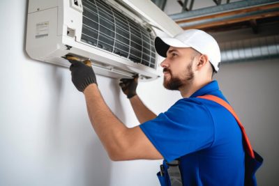 360_F_621046421_Vcay4nYa8ozdeodOQVDfES6MRrC6N3b8 Air conditioning technician servicing a wall-mounted AC unit in Provo, UT